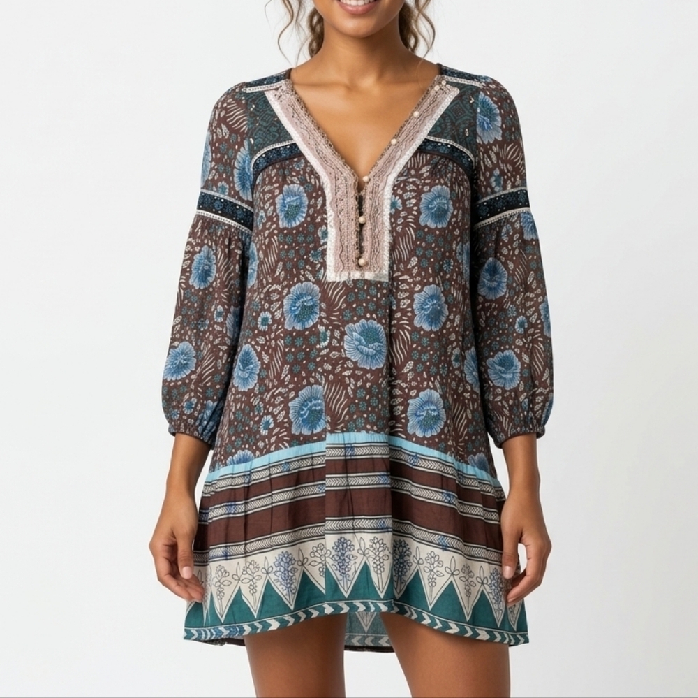 Free People Sweet Poland Tunic Top Boho Festival Modern Folk Floral